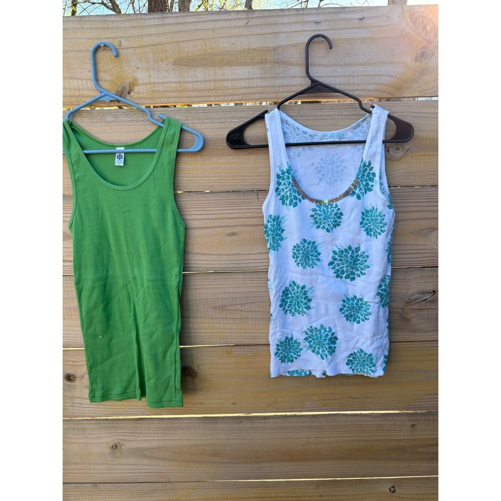 Lot of 2 Tank Tops ClassicGirl Lime Green Ribbed XL & RoxB Floral Beaded Medium